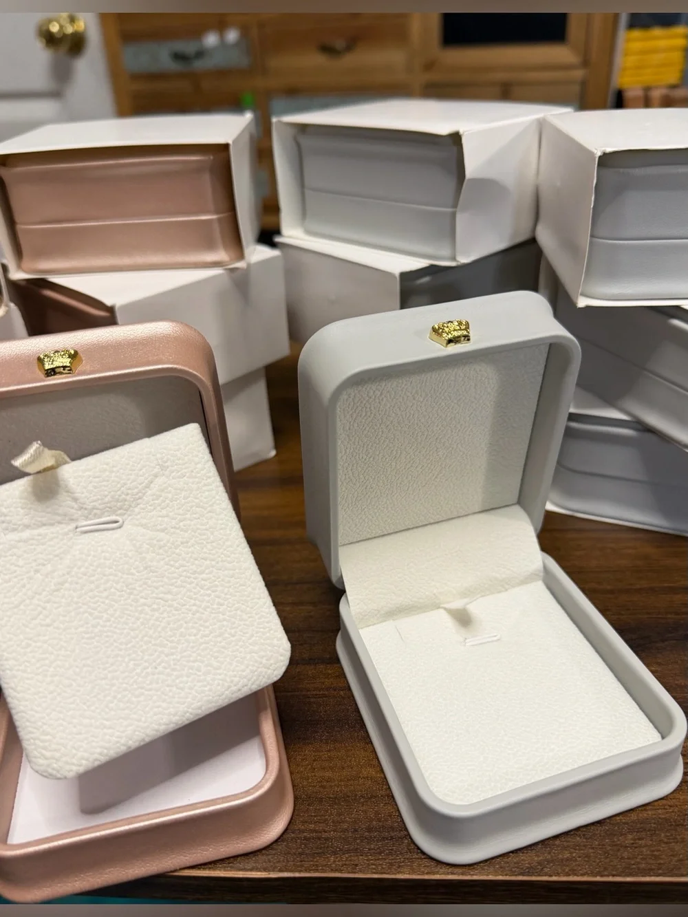 Luxury Crown Rose Gold and Gray PU Leather Jewelry Pendant Boxes lot of 14